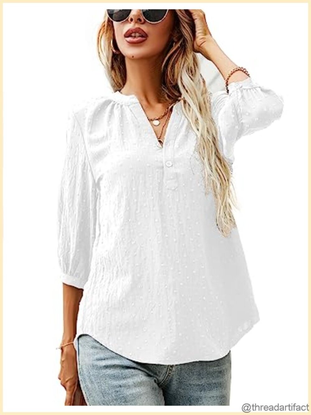 LOMON Women's Swiss Dot Blouse 3/4 Sleeve V-Neck Button Up Pleated Back Top